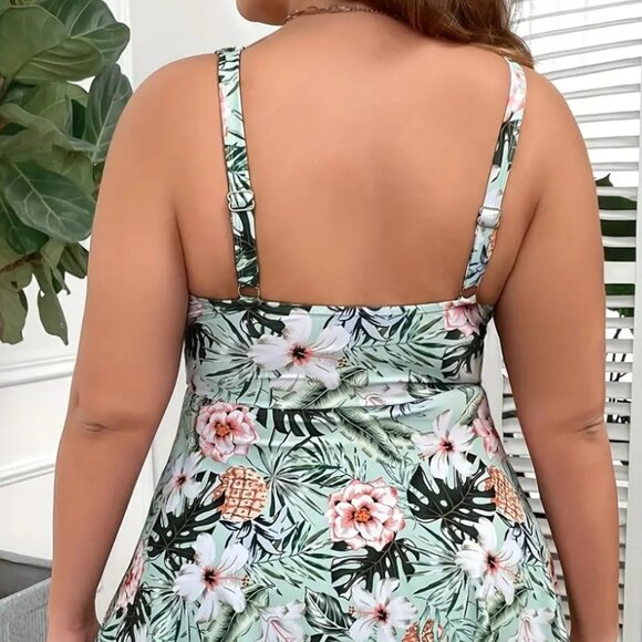 Women's Plus Size 2Pc Tropical Print Summer Tankini Bathing Suit Set 16W - 18W - Picture 2 of 11